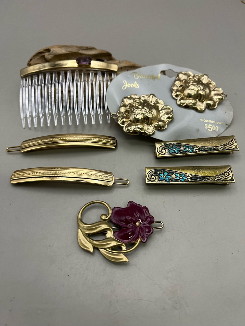 Vintage Gold Hair Lot 7 Pc Barrettes Hair Comb Rose Enamel Flower 80sRetro